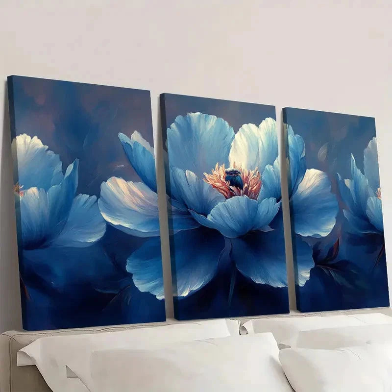 3pcs B Light Blue Floral Design S Wall Art Set Canvas Framed 40x60cm - High Quality Print 100% Australian Made Wall Canvas Ready to Hang - Bella Home Decor