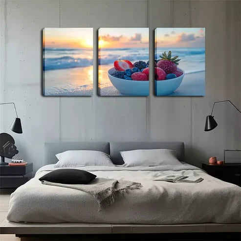 3pcs Beach, Bowl of Fruit, Oil Painting Wall Art Canvas Unframed - High Quality Print 100% Australian Made Wall Canvas - Bella Home Decor