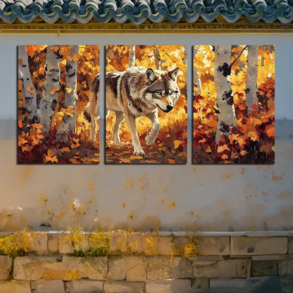 3pcs Lonely Wolf Dry leaves Autumn Scene Metal Print Ready to Hang Art - Bella Home Decor
