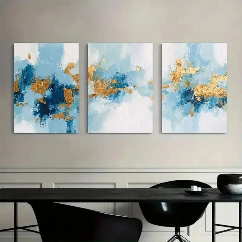 3pcs Abstract Art Blue And Golden Painting Metal Print Ready to Hang Art - Bella Home Decor