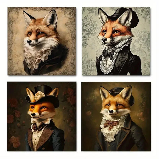 4pcs Hang Fox Art Modern Gothic Style Wall Art Canvas Framed