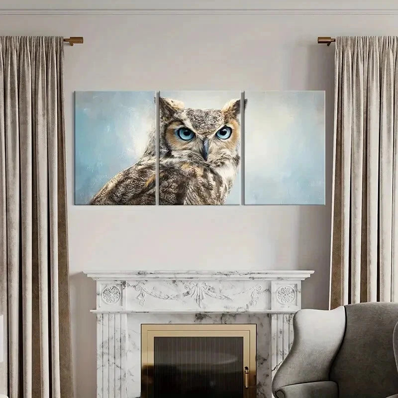3pcs Owl Portrait Blue Eyes Detailed Feathers Metal Print Ready to Hang Art - Bella Home Decor