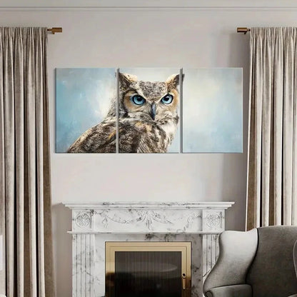 3pcs Owl Portrait Blue Eyes Detailed Feathers Metal Print Ready to Hang Art - Bella Home Decor