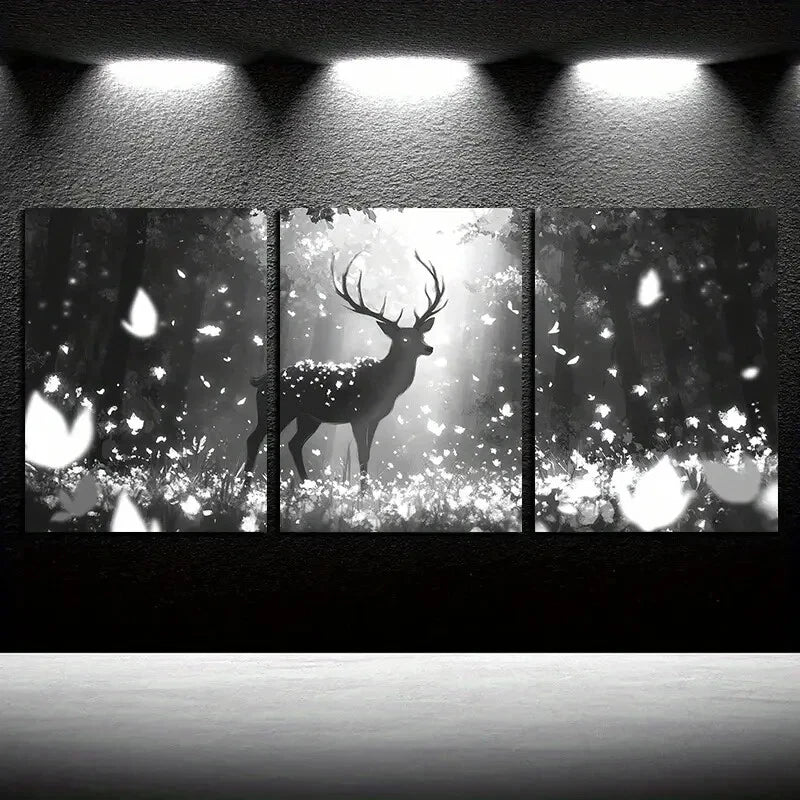 3pcs Black and White Elk in the forest Design Metal Print Ready to Hang Art