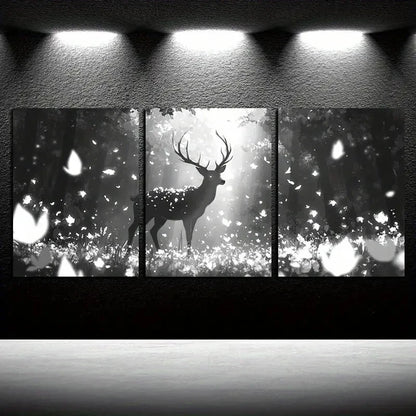 3pcs Black and White Elk in the forest Design Metal Print Ready to Hang Art