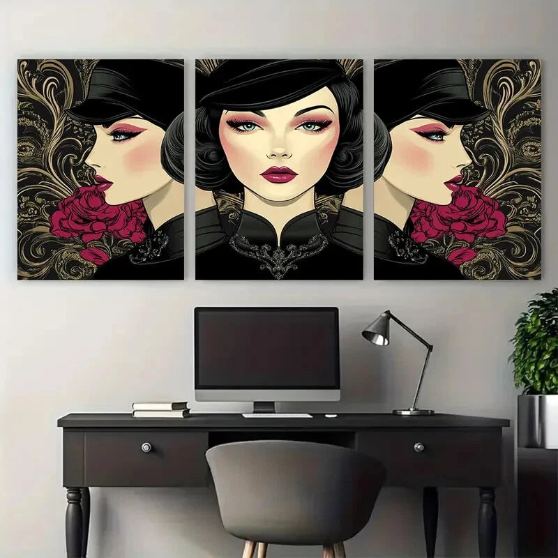 3pcs Glamour Fashion Woman Digital Illustration Metal Print Ready to Hang Art - Bella Home Decor