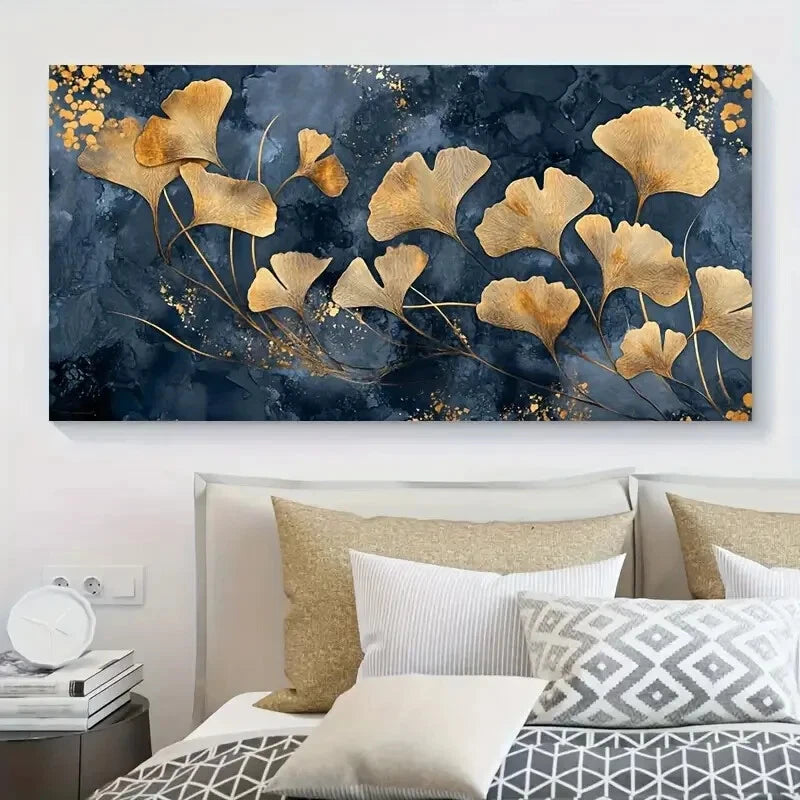 Gold Leaves Blue Abstract wall canvas office home room framed 120x60cm - Bella Home Decor