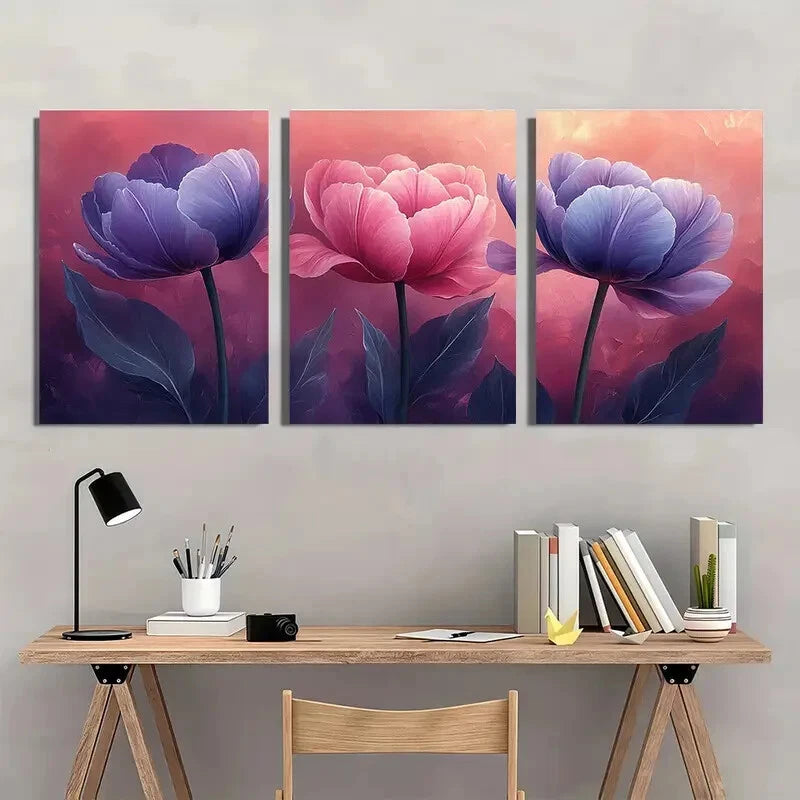 3pcs Pink & Purple Flowers with Green Leaves Metal Print Ready to Hang Art - Bella Home Decor