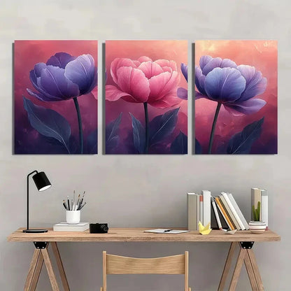 3pcs Pink & Purple Flowers with Green Leaves Metal Print Ready to Hang Art - Bella Home Decor
