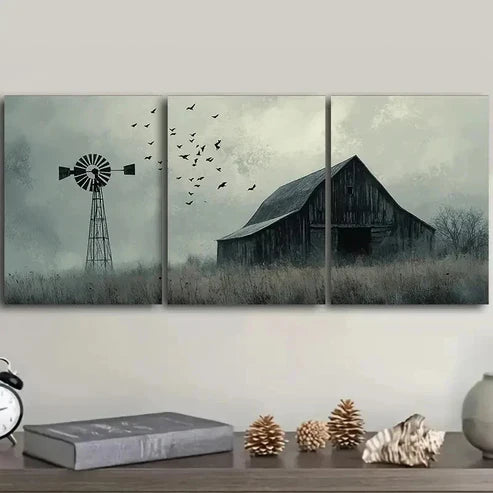 3pcs Black & White Barns and Windmills Wall Art Set Canvas Unframed - High Quality Print 100% Australian Made Wall Canvas - Bella Home Decor