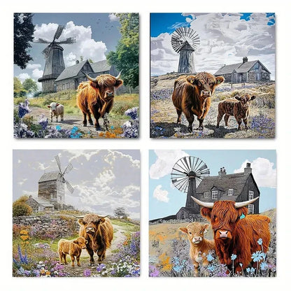 4pcsVintage Farmhouse HighlandWall Art Canvas Framed