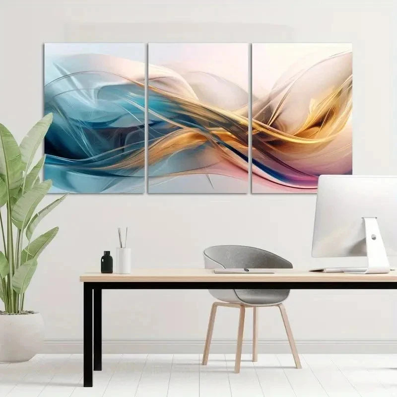 3pcs Abstract Wavy Multi-Panel Golden White  Wall Art Canvas Framed 40x60cm - High Quality Print 100% Australian Made Wall Canvas Ready to Hang - Bella Home Decor