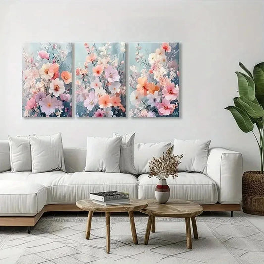 3pcs Pink Blue Flower Decorative Painting Metal Print Ready to Hang Art