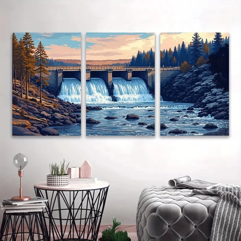 3pcs Waterfall Sunset And Autumn Forest Scene Wall Art Set Canvas Framed 60x90cm - High Quality Print 100% Australian Made Wall Canvas Ready to Hang
