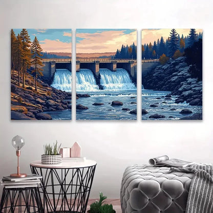 3pcs Waterfall Sunset And Autumn Forest Scene Wall Art Set Canvas Framed 60x90cm - High Quality Print 100% Australian Made Wall Canvas Ready to Hang