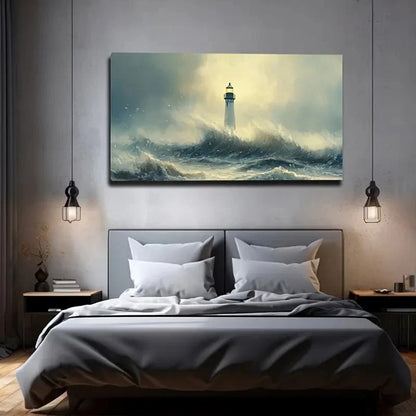 Lighthouse Amidst Waves Coastal Wall Art Canvas Office Home Room Framed 120x60cm