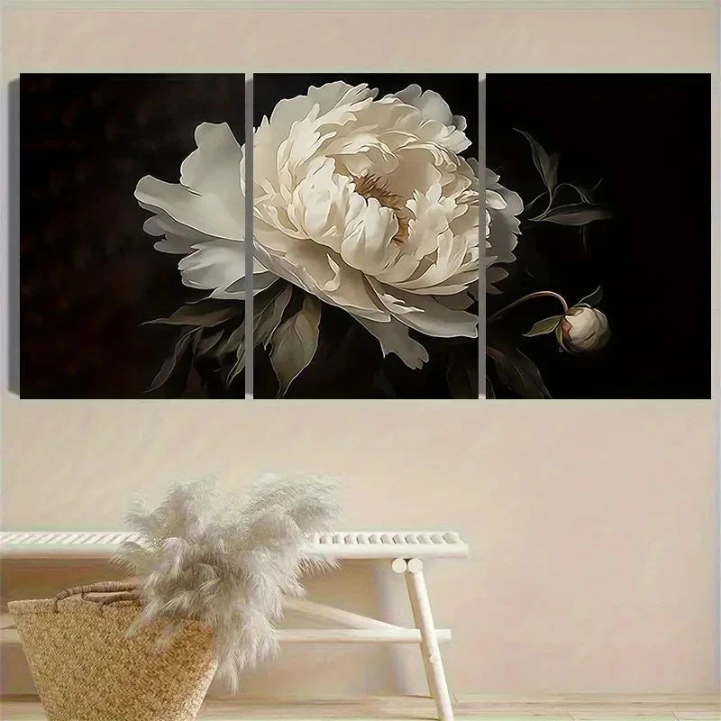 3pcs White Peony Flower Art Print Vintage Wall Art Set Canvas Framed 60x90cm - High Quality Print 100% Australian Made Wall Canvas Ready to Hang - Bella Home Decor