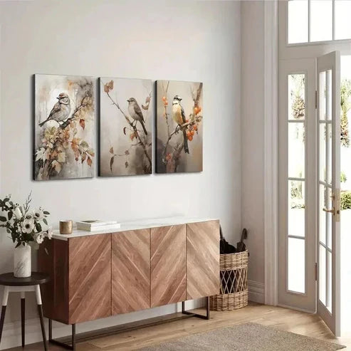3pcs Cartoon Autumn Birds Deco Classic Wall Art Set Canvas Unframed - High Quality Print 100% Australian Made Wall Canvas - Bella Home Decor