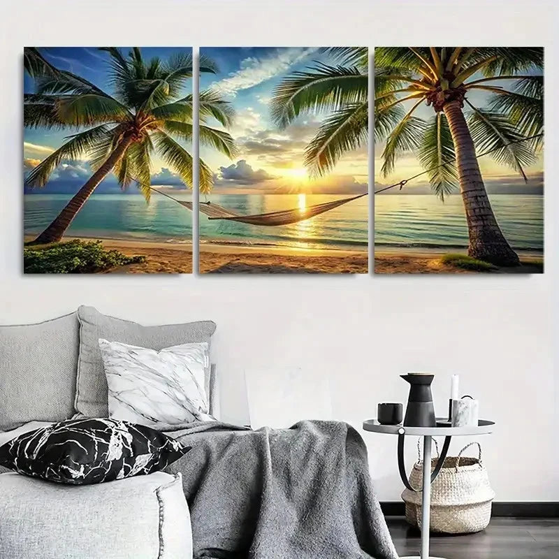 3pcs Beach Sunset Palm Tree Hammock & Ocean Metal Print Ready to Hang Art - Bella Home Decor