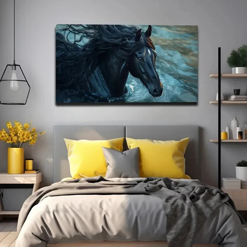 Realistic Black Horse Water Wall Art canvas office home room framed 120x60cm