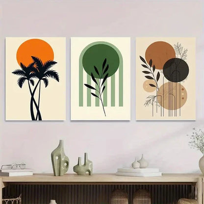 3pcs Tropical Palm Tree, Green Leaves Orange Wall Art Set Canvas Unframed - High Quality Print 100% Australian Made Wall Canvas