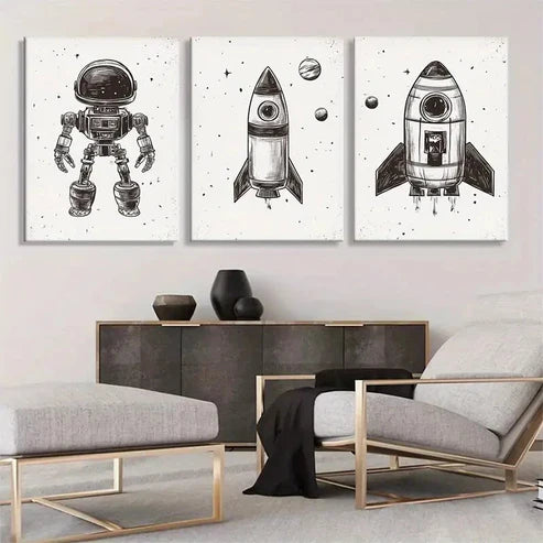 3pcs Retro Space Rocket & Astronaut Wall Art Canvas Unframed - High Quality Print 100% Australian Made Wall Canvas