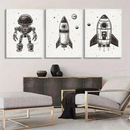 3pcs Retro Space Rocket & Astronaut Wall Art Canvas Unframed - High Quality Print 100% Australian Made Wall Canvas