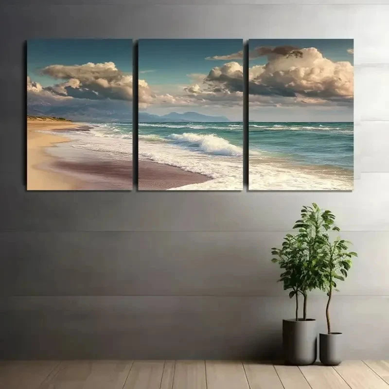 3pcs Beach with Waves and Sand Under a Beautiful Metal Print Ready to Hang Art - Bella Home Decor
