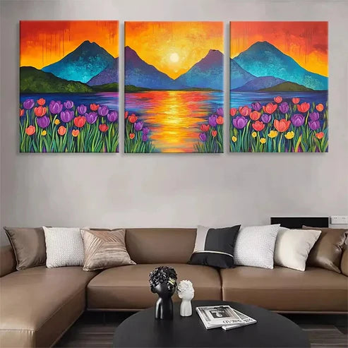 3pcs Vibrant Sunset Mountain Lake Tulip Wall Art Canvas Unframed - High Quality Print 100% Australian Made Wall Canvas