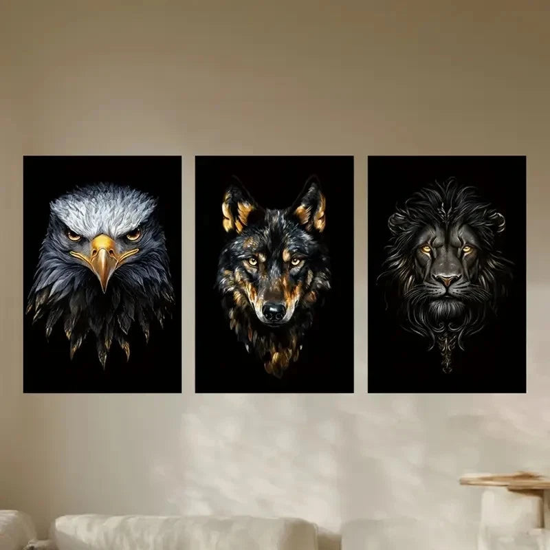 3pcs Majestic Golden Animal Eagle Wolf Lion Metal Print Ready to Hang Art