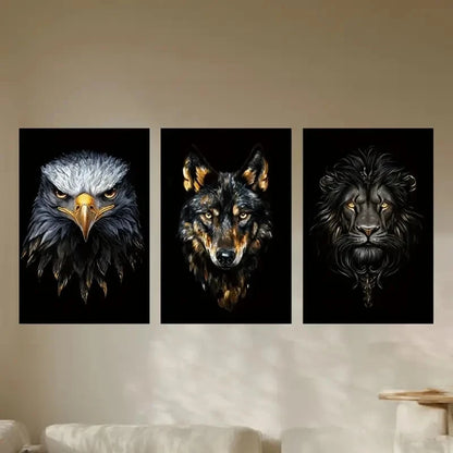 3pcs Majestic Golden Animal Eagle Wolf Lion Metal Print Ready to Hang Art
