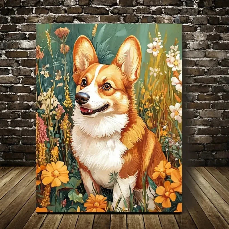 Beautiful Flowers and Plants Cute Corgi Dog Painting 40x60cm Metal Print Ready to Hang