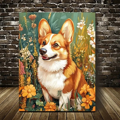 Beautiful Flowers and Plants Cute Corgi Dog Painting 40x60cm Metal Print Ready to Hang