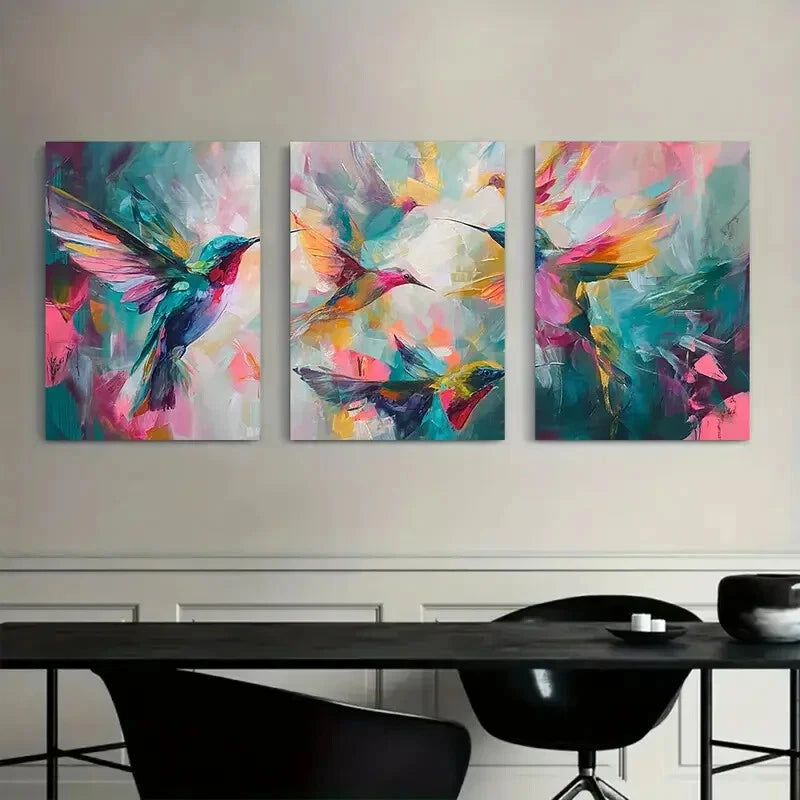 3pcs Abstract Hummingbird Oil Painting Metal Print Ready to Hang Art - Bella Home Decor