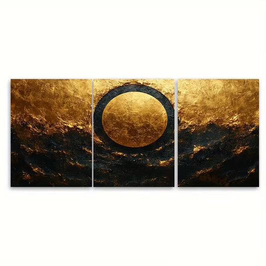 3pcs Mystic Black and Golden Radial Metal Print Ready to Hang Art