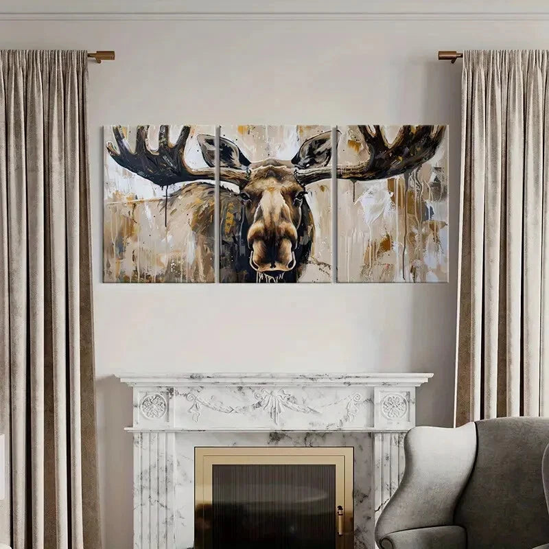 3pcs Abstract Moose Art Wildlife Painting Metal Print Ready to Hang Art - Bella Home Decor