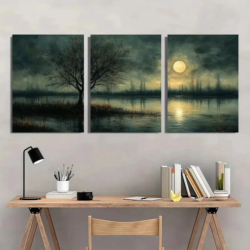 3pcs Moonlit Landscape Painting Dark Neutral Tones Metal Print Ready to Hang Art - Bella Home Decor
