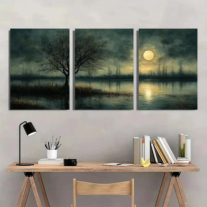 3pcs Moonlit Landscape Painting Dark Neutral Tones Metal Print Ready to Hang Art - Bella Home Decor