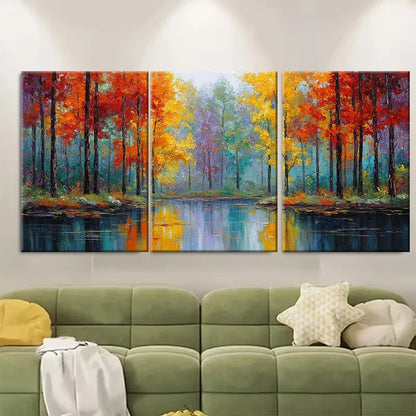 3pcs Vibrant Nature Reflection Autumn Forest Lake Metal Print Ready to Hang Art