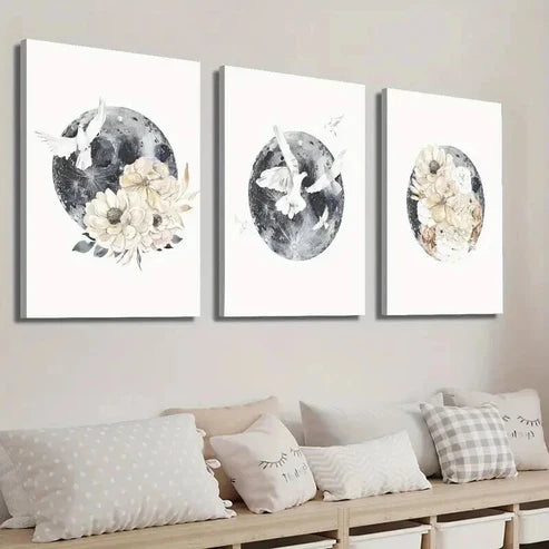 3pcs Moon and Bird Animal Floral  Wall Art Set Canvas Unframed - High Quality Print 100% Australian Made Wall Canvas