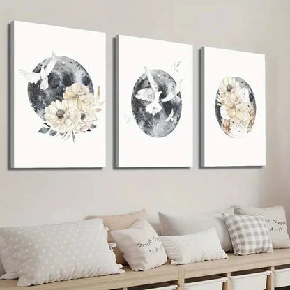 3pcs Moon and Bird Animal Floral  Wall Art Set Canvas Unframed - High Quality Print 100% Australian Made Wall Canvas