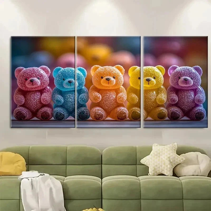 3pcs Jelly Bears Colorful Decor RT  Wall Art Set Canvas Framed 50x70cm - High Quality Print 100% Australian Made Wall Canvas Ready to Hang