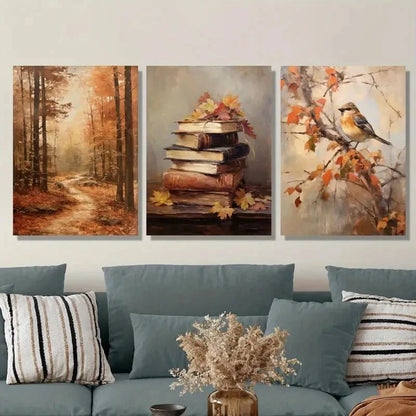 3pcs European Realistic Autumn Scenery, Metal Print Ready to Hang Art