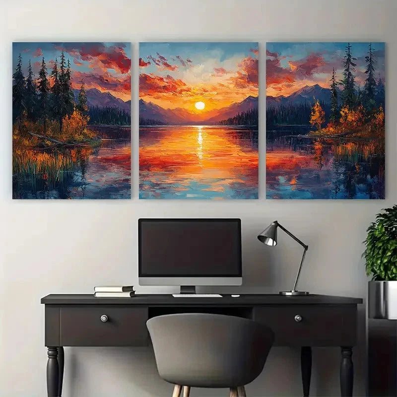 3pcs Colorful Sunset Over a Lake Nature Landscape Metal Print Ready to Hang Art - Bella Home Decor