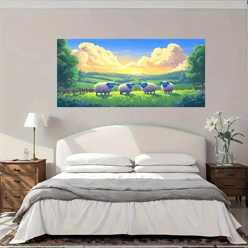 Pastoral Sheep Sunset Scene Wall Art Canvas Office Home Room Framed 120x60cm