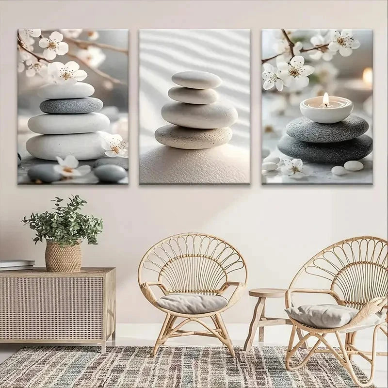3pcs Zen Serene Floral & Stone Meditation  Wall Art Set Canvas Framed 60x90cm - High Quality Print 100% Australian Made Wall Canvas Ready to Hang