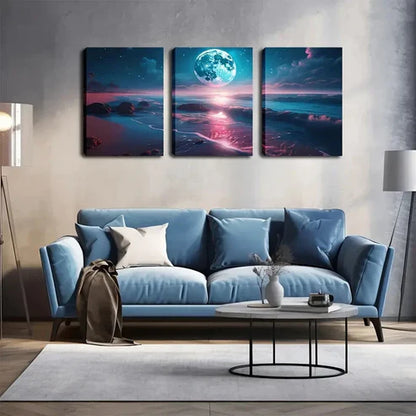 3pcs Bright Big Moon, Beach Wall Art Set Canvas Framed 60x90cm - High Quality Print 100% Australian Made Wall Canvas Ready to Hang