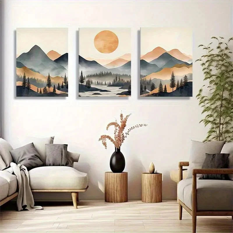 3pcs Abstract Landscape Warm Earth Tones Metal Print Ready to Hang Art - Bella Home Decor