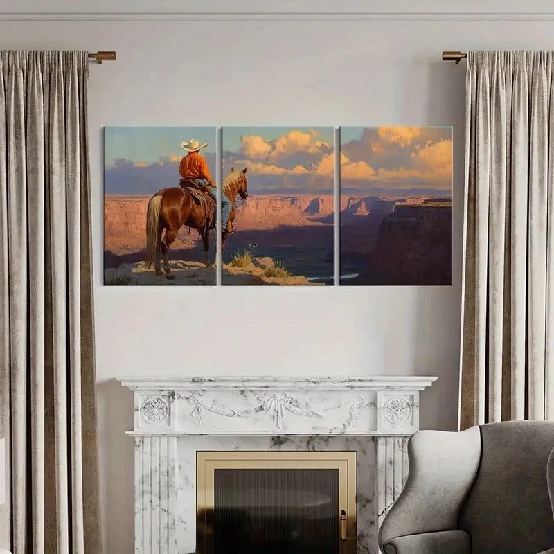 3pcs Western Cowboy On Horse Desert Landscape Metal Print Ready to Hang Art - Bella Home Decor