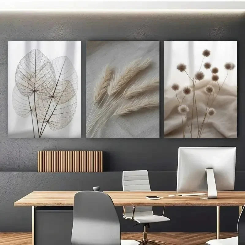 3pcs Botanical Dried Flower & Pampas Grass Metal Print Ready to Hang Art - Bella Home Decor